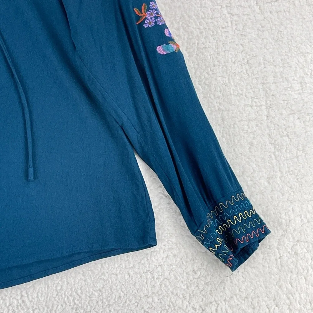 Umgee Top Womens Medium Blue Floral‎ Embroidered Off Shoulder Long Sleeve Boho